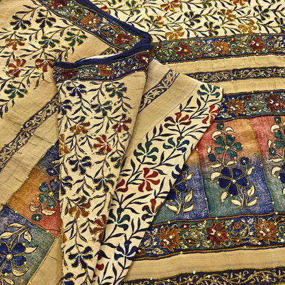 Indian Vintage Sari Beige Pure Crepe Silk Hand Embroidered Saree 6yd Sewing Floral Craft Sequins Dress making Crafting Quilting