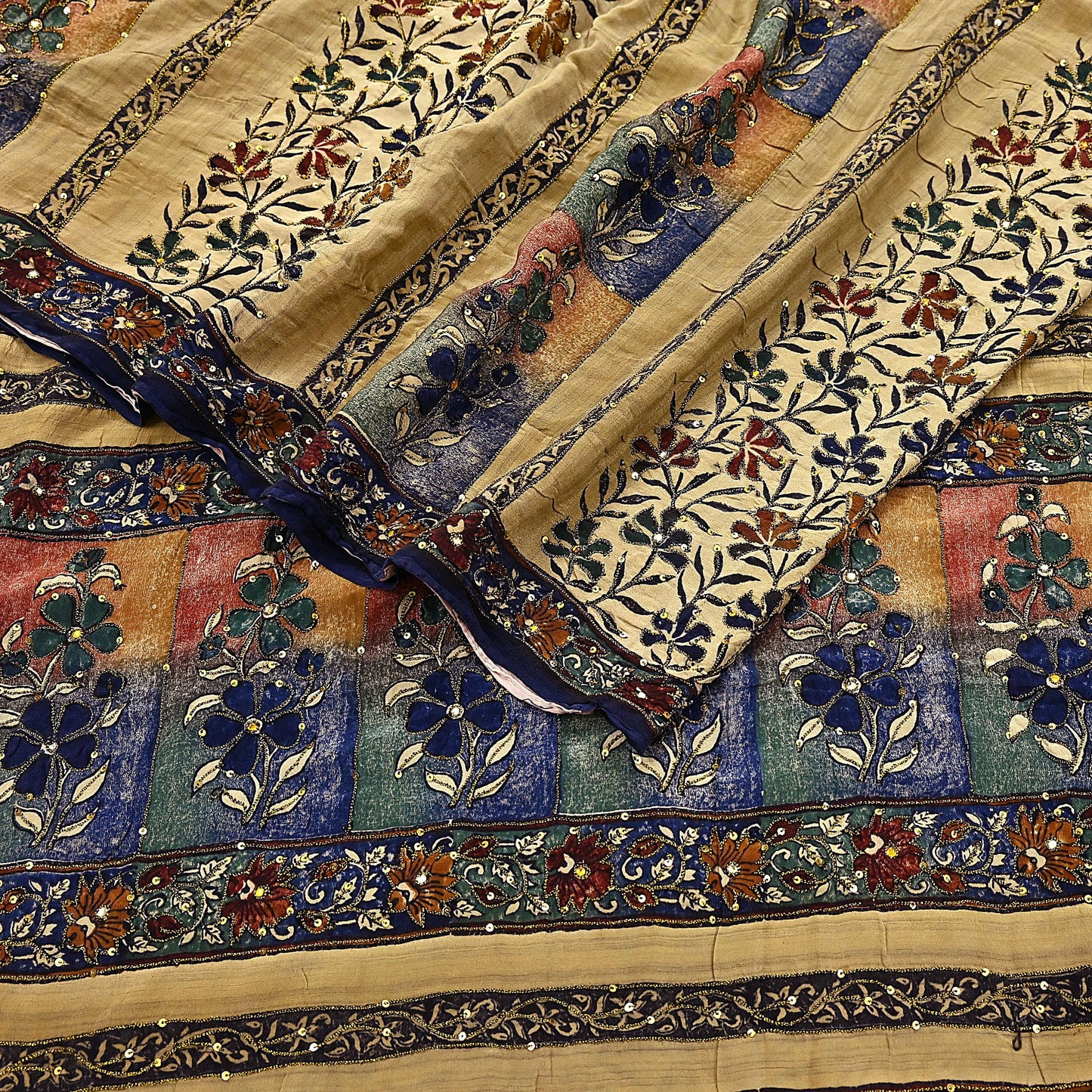 Indian Vintage Sari Beige Pure Crepe Silk Hand Embroidered Saree 6yd Sewing Floral Craft Sequins Dress making Crafting Quilting