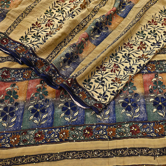 Indian Vintage Sari Beige Pure Crepe Silk Hand Embroidered Saree 6yd Sewing Floral Craft Sequins Dress making Crafting Quilting