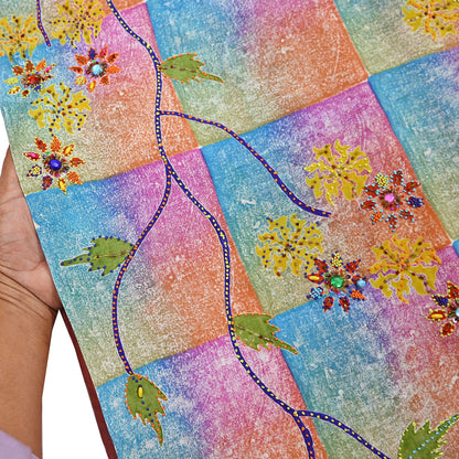 Indian Vintage Sari Multi & Green Pure Crepe Silk Hand Embroidered Saree 5yd Sewing Floral Craft Sequins Dress making Crafting Quilting