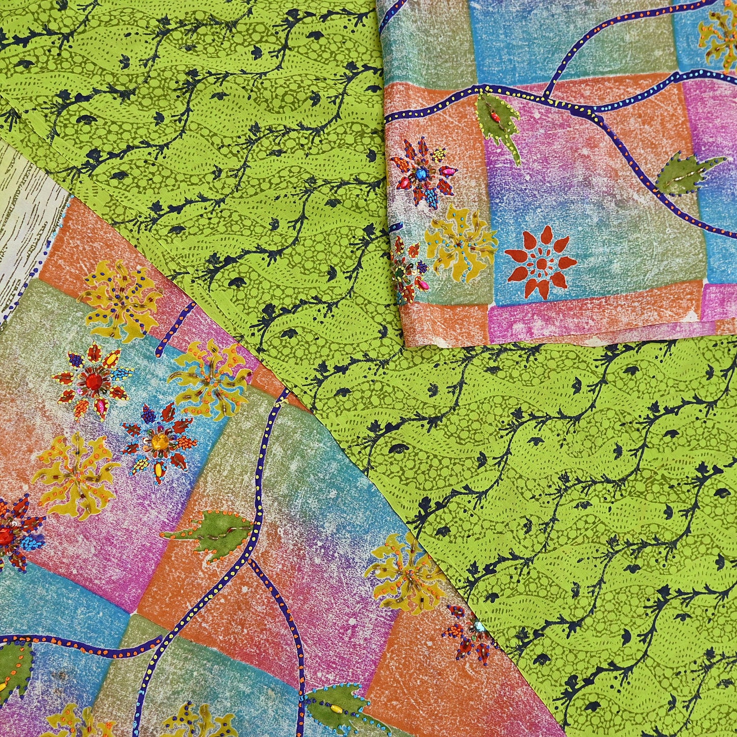 Indian Vintage Sari Multi & Green Pure Crepe Silk Hand Embroidered Saree 5yd Sewing Floral Craft Sequins Dress making Crafting Quilting