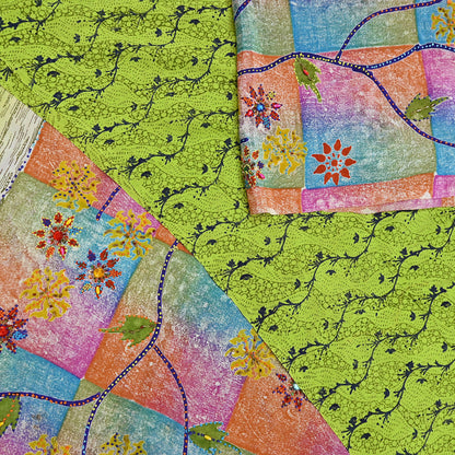 Indian Vintage Sari Multi & Green Pure Crepe Silk Hand Embroidered Saree 5yd Sewing Floral Craft Sequins Dress making Crafting Quilting