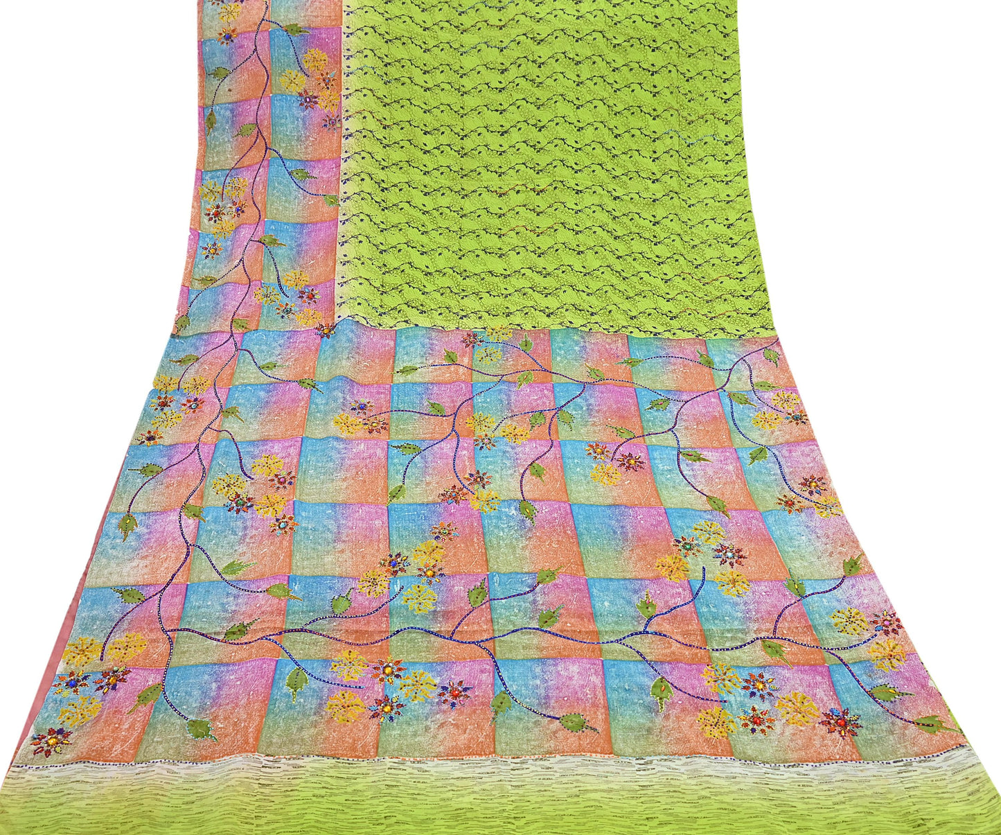 Indian Vintage Sari Multi & Green Pure Crepe Silk Hand Embroidered Saree 5yd Sewing Floral Craft Sequins Dress making Crafting Quilting