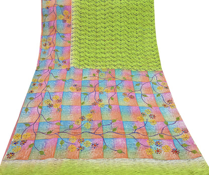 Indian Vintage Sari Multi & Green Pure Crepe Silk Hand Embroidered Saree 5yd Sewing Floral Craft Sequins Dress making Crafting Quilting