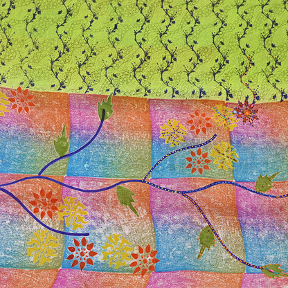 Indian Vintage Sari Multi & Green Pure Crepe Silk Hand Embroidered Saree 5yd Sewing Floral Craft Sequins Dress making Crafting Quilting