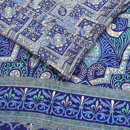 Indian Vintage Sari Ivory & Blue Printed 100% Pure Satin Silk Sarees 5yd Sewing Craft Fabric Dress Making Wrap Upcycle Quilting Crafting