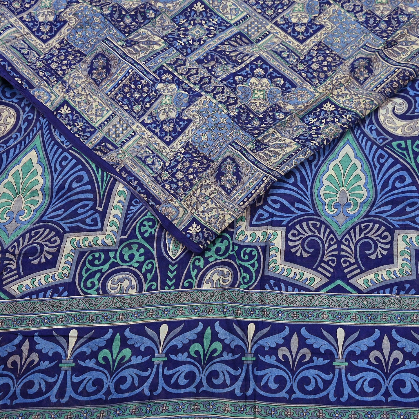 Indian Vintage Sari Ivory & Blue Printed 100% Pure Satin Silk Sarees 5yd Sewing Craft Fabric Dress Making Wrap Upcycle Quilting Crafting