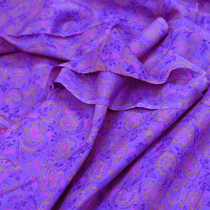 Indian Vintage Purple Pure Silk Printed Saree 5Yards Soft Floral Fabric for Dressmaking, Quilting, Crafting, Sewing & Upcycling