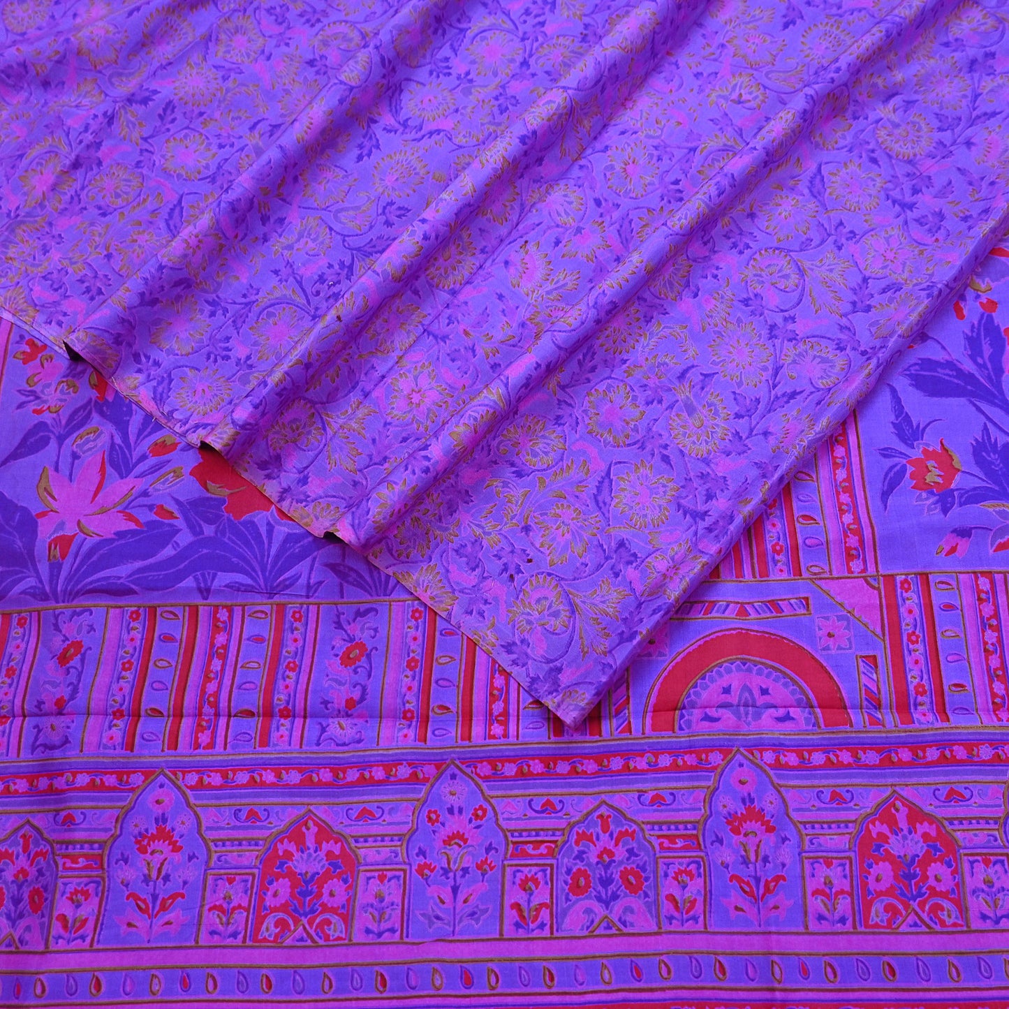 Indian Vintage Purple Pure Silk Printed Saree 5Yards Soft Floral Fabric for Dressmaking, Quilting, Crafting, Sewing & Upcycling