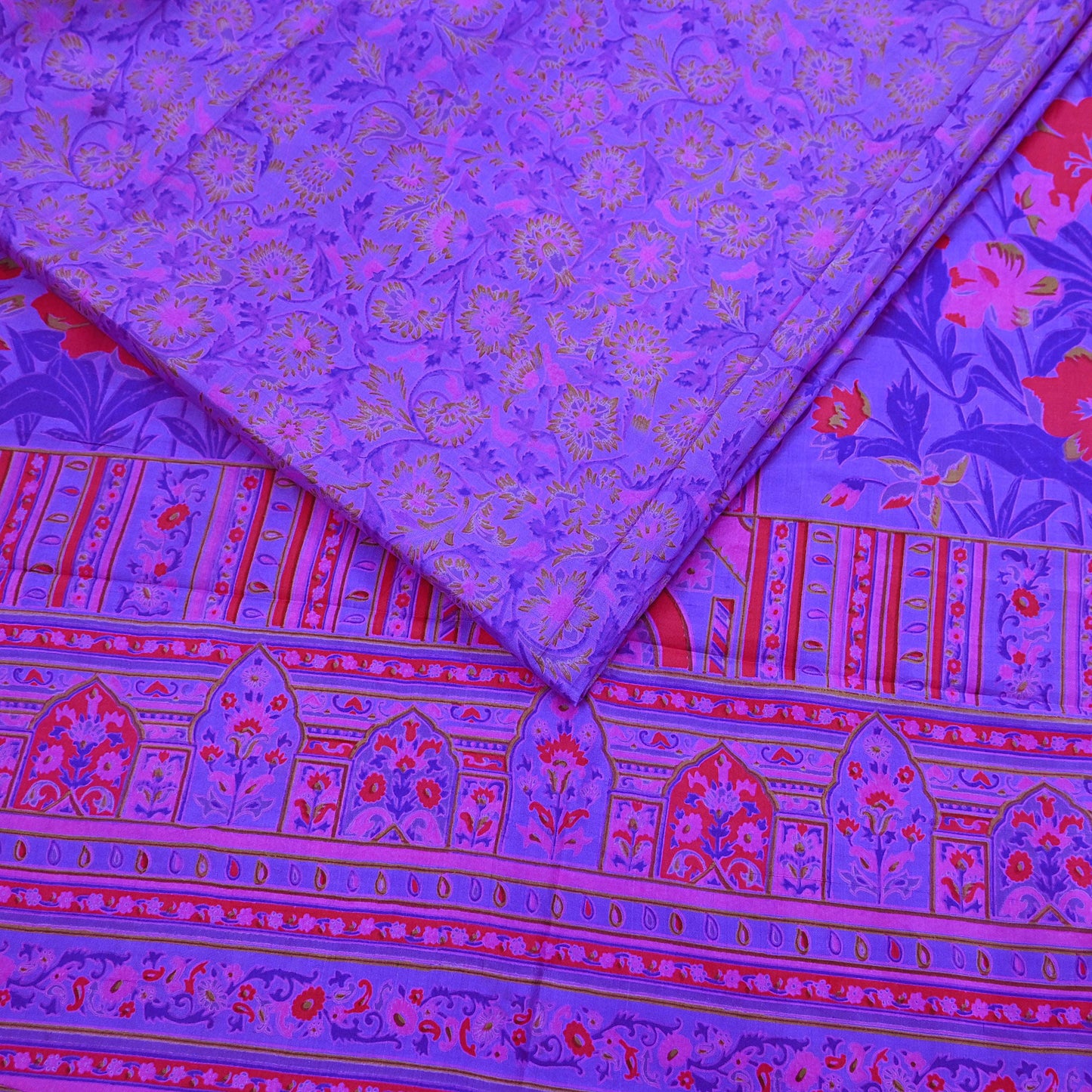 Indian Vintage Purple Pure Silk Printed Saree 5Yards Soft Floral Fabric for Dressmaking, Quilting, Crafting, Sewing & Upcycling