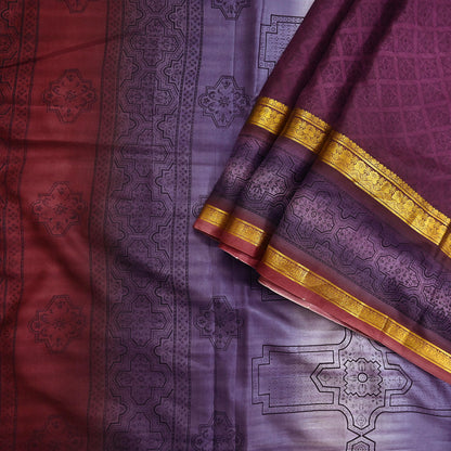 Vintage Maroon & Purple Pure Silk Saree Indian Printed Silk Fabric 5 Yards Boho Craft Material for Sewing, Quilting, Dressmaking, Upcycling