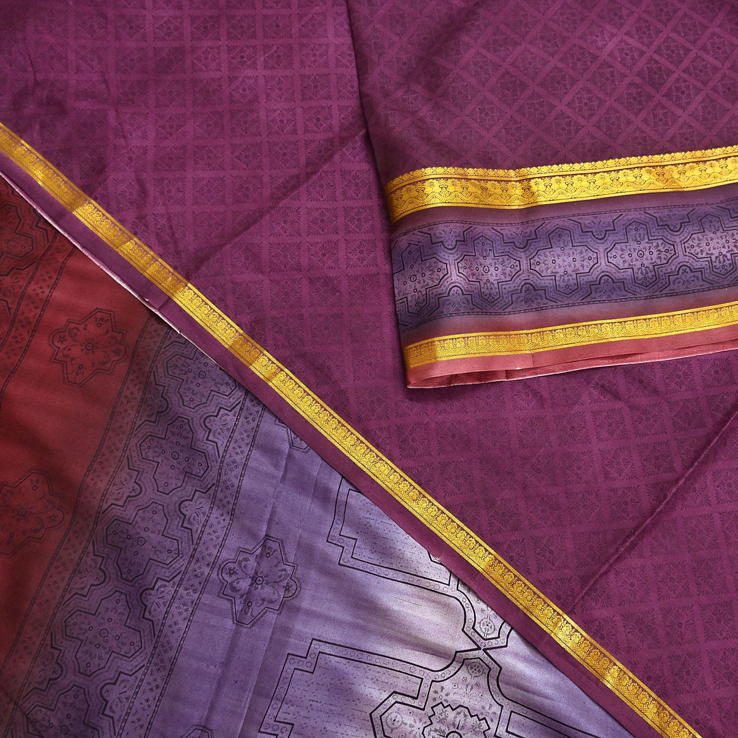 Vintage Maroon & Purple Pure Silk Saree Indian Printed Silk Fabric 5 Yards Boho Craft Material for Sewing, Quilting, Dressmaking, Upcycling
