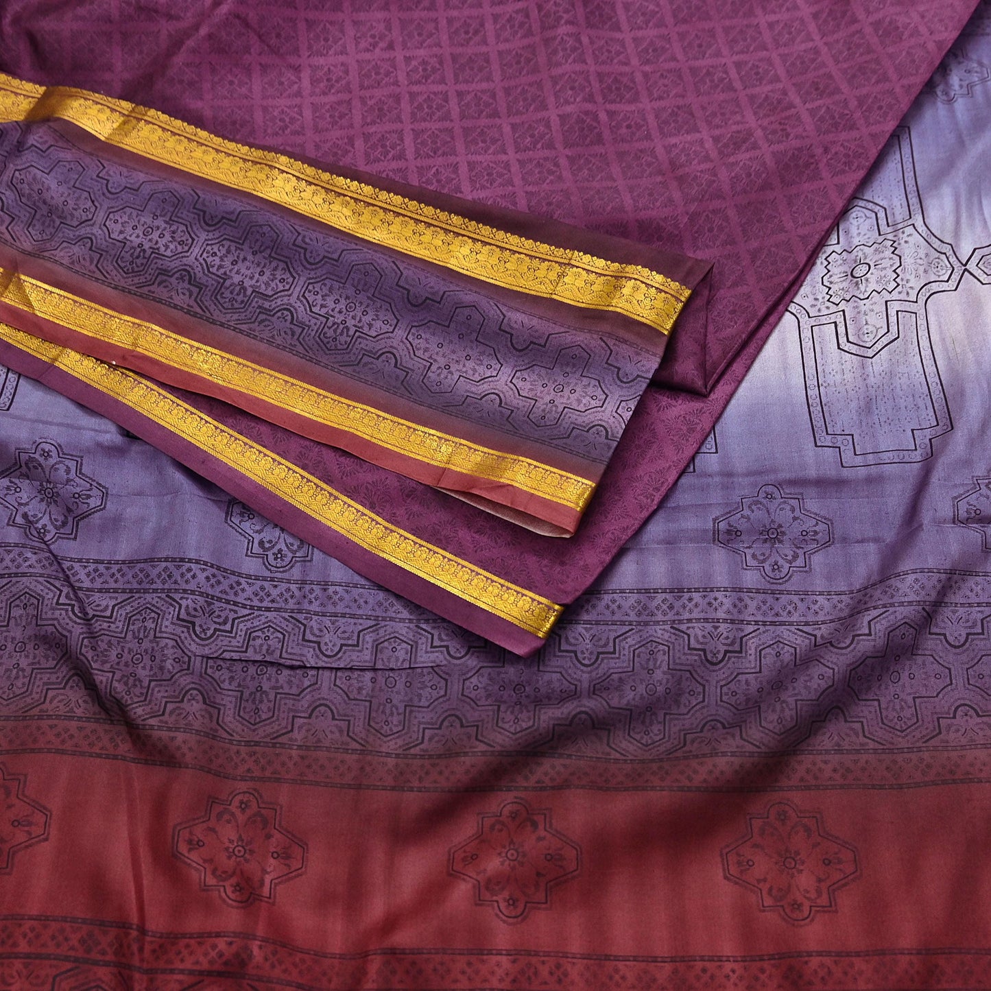 Vintage Maroon & Purple Pure Silk Saree Indian Printed Silk Fabric 5 Yards Boho Craft Material for Sewing, Quilting, Dressmaking, Upcycling