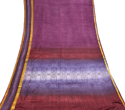 Vintage Maroon & Purple Pure Silk Saree Indian Printed Silk Fabric 5 Yards Boho Craft Material for Sewing, Quilting, Dressmaking, Upcycling
