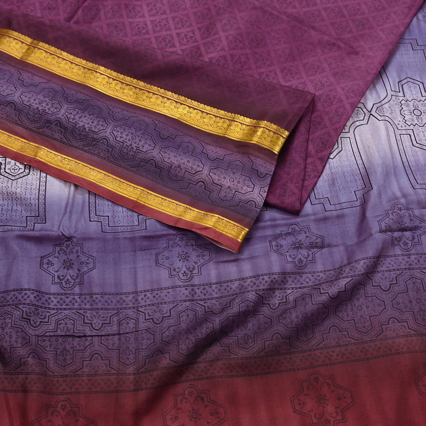 Vintage Maroon & Purple Pure Silk Saree Indian Printed Silk Fabric 5 Yards Boho Craft Material for Sewing, Quilting, Dressmaking, Upcycling