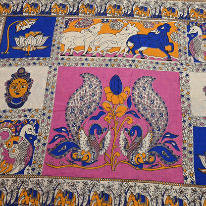 Indian Vintage Sari Kalamkari Print Sari Pure Cotton Saree Craft Fabric 5Yd Soft Dancing Lady Ethnic Dress Making