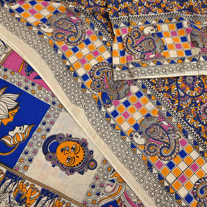 Indian Vintage Sari Kalamkari Print Sari Pure Cotton Saree Craft Fabric 5Yd Soft Dancing Lady Ethnic Dress Making