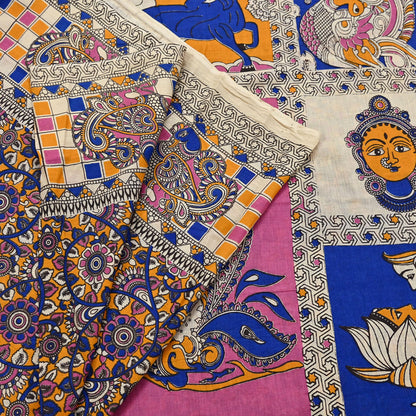 Indian Vintage Sari Kalamkari Print Sari Pure Cotton Saree Craft Fabric 5Yd Soft Dancing Lady Ethnic Dress Making