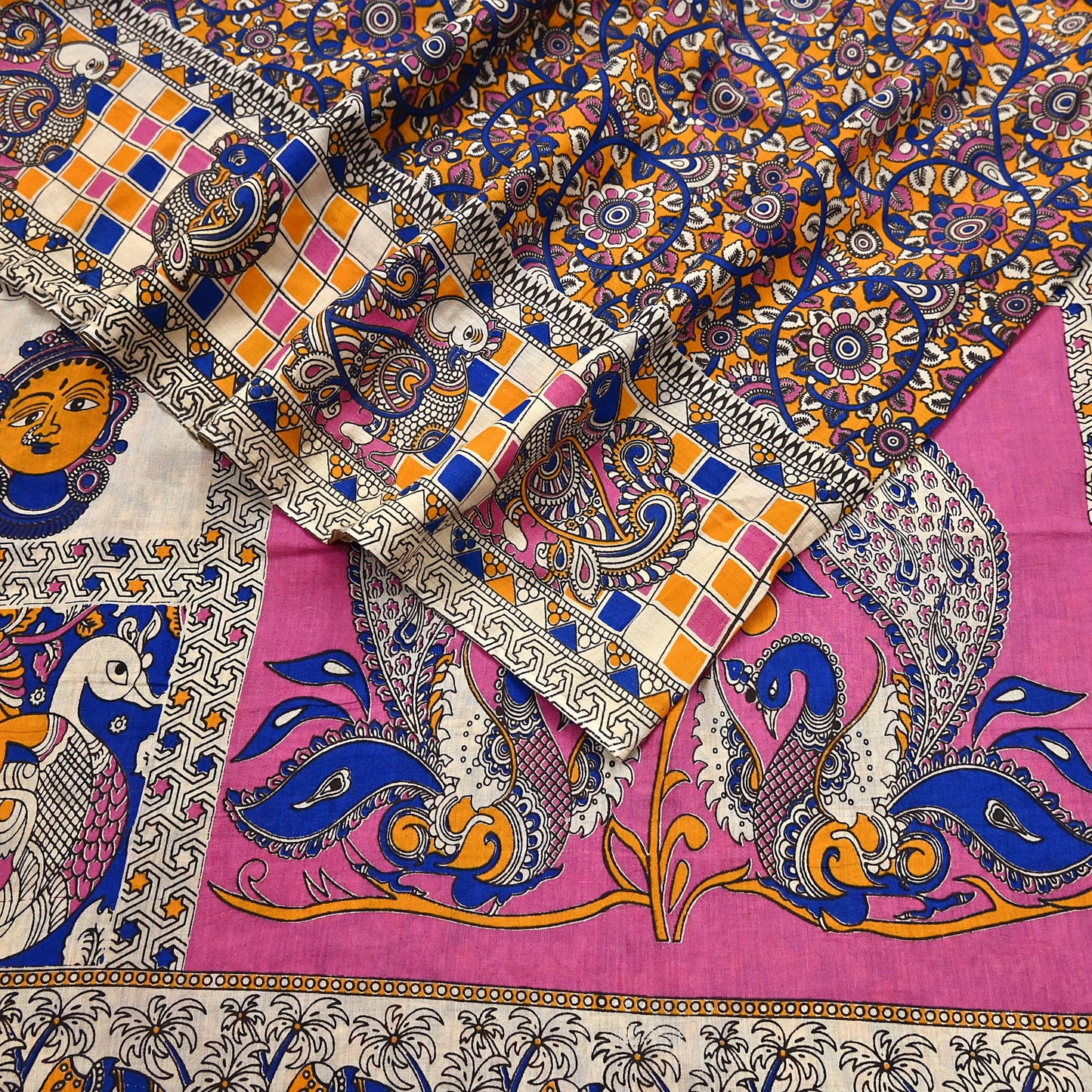 Indian Vintage Sari Kalamkari Print Sari Pure Cotton Saree Craft Fabric 5Yd Soft Dancing Lady Ethnic Dress Making