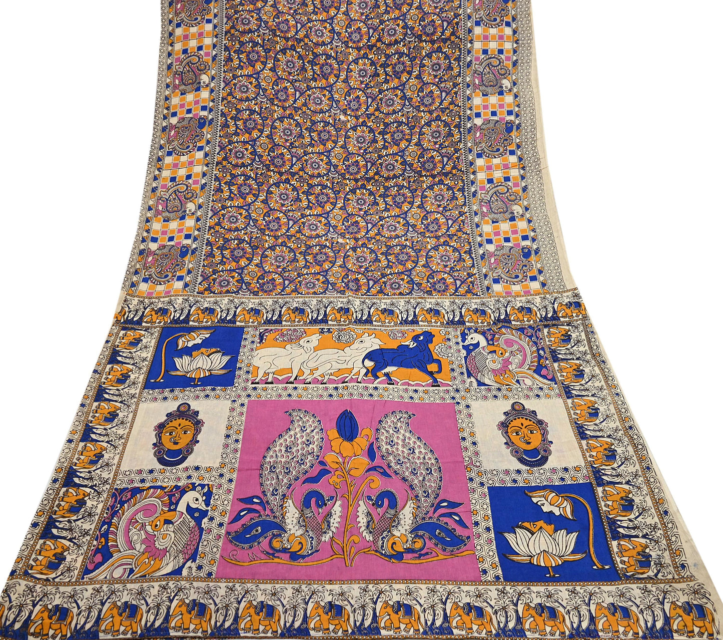 Indian Vintage Sari Kalamkari Print Sari Pure Cotton Saree Craft Fabric 5Yd Soft Dancing Lady Ethnic Dress Making