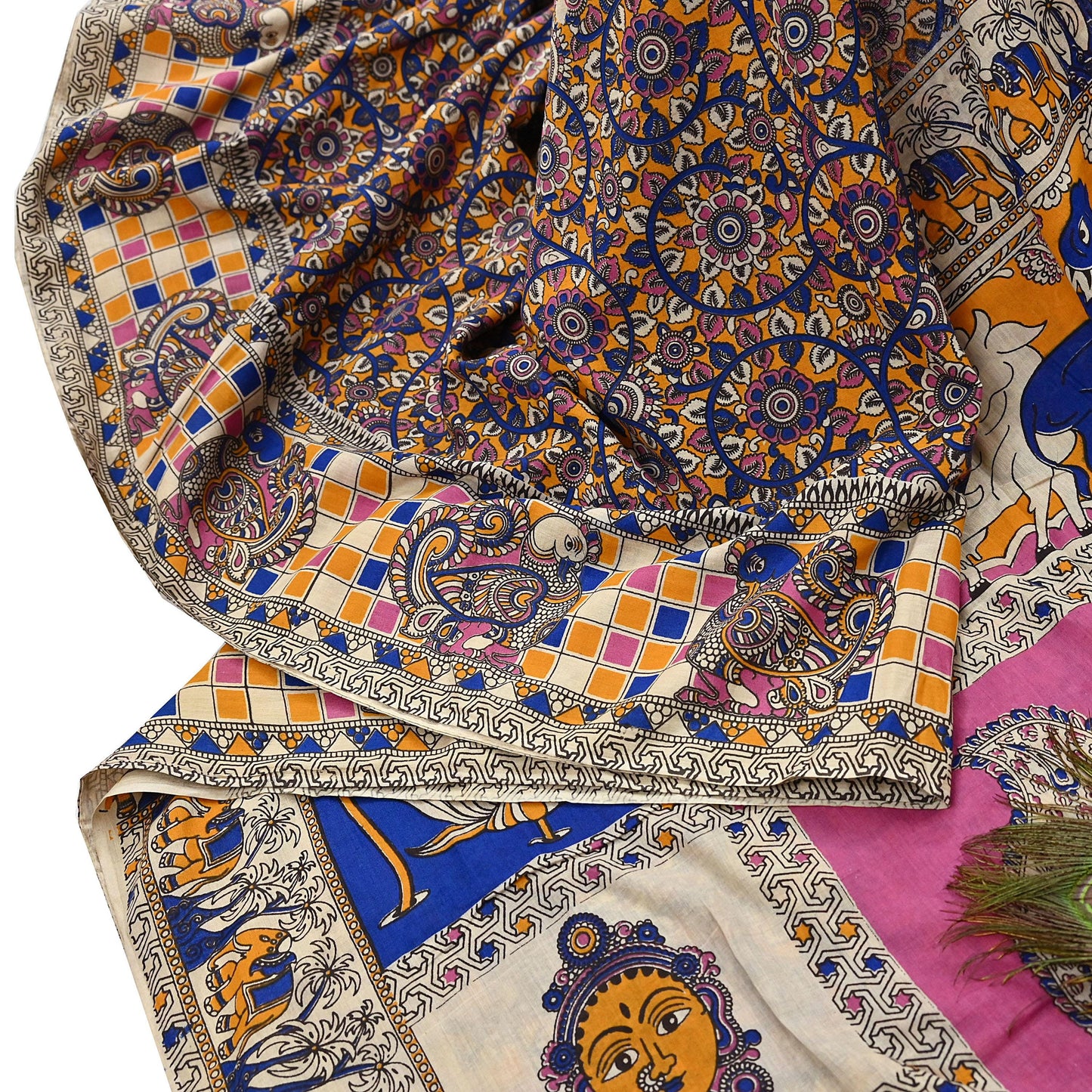 Indian Vintage Sari Kalamkari Print Sari Pure Cotton Saree Craft Fabric 5Yd Soft Dancing Lady Ethnic Dress Making