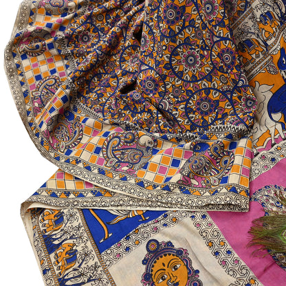 Indian Vintage Sari Kalamkari Print Sari Pure Cotton Saree Craft Fabric 5Yd Soft Dancing Lady Ethnic Dress Making