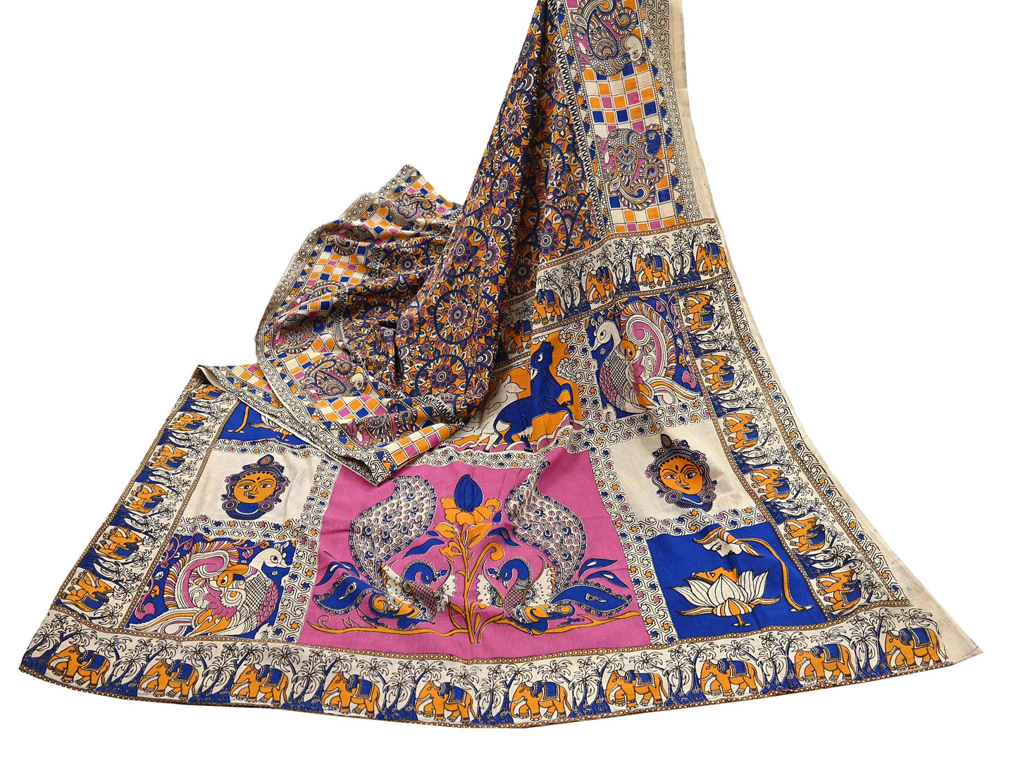 Indian Vintage Sari Kalamkari Print Sari Pure Cotton Saree Craft Fabric 5Yd Soft Dancing Lady Ethnic Dress Making
