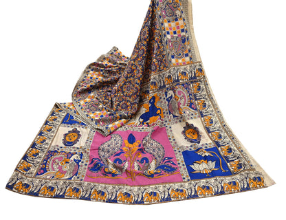 Indian Vintage Sari Kalamkari Print Sari Pure Cotton Saree Craft Fabric 5Yd Soft Dancing Lady Ethnic Dress Making