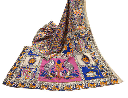 Indian Vintage Sari Kalamkari Print Sari Pure Cotton Saree Craft Fabric 5Yd Soft Dancing Lady Ethnic Dress Making