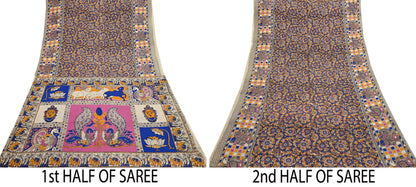 Indian Vintage Sari Kalamkari Print Sari Pure Cotton Saree Craft Fabric 5Yd Soft Dancing Lady Ethnic Dress Making
