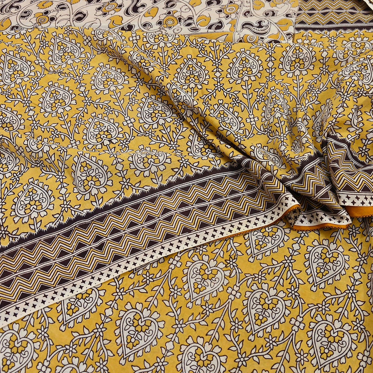 Indian Vintage Sari Mustard Kalamkari Print Sari Pure Cotton Saree Craft Fabric 5Yd Soft Dancing Lady Ethnic Dress Making