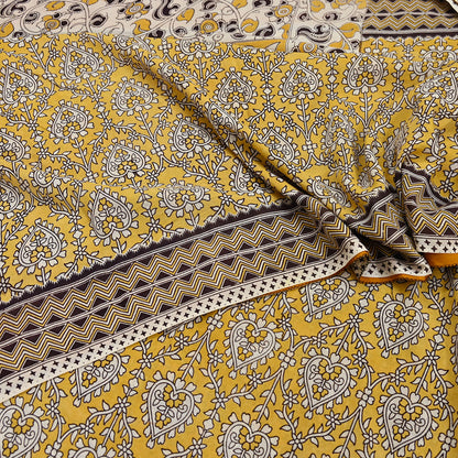 Indian Vintage Sari Mustard Kalamkari Print Sari Pure Cotton Saree Craft Fabric 5Yd Soft Dancing Lady Ethnic Dress Making