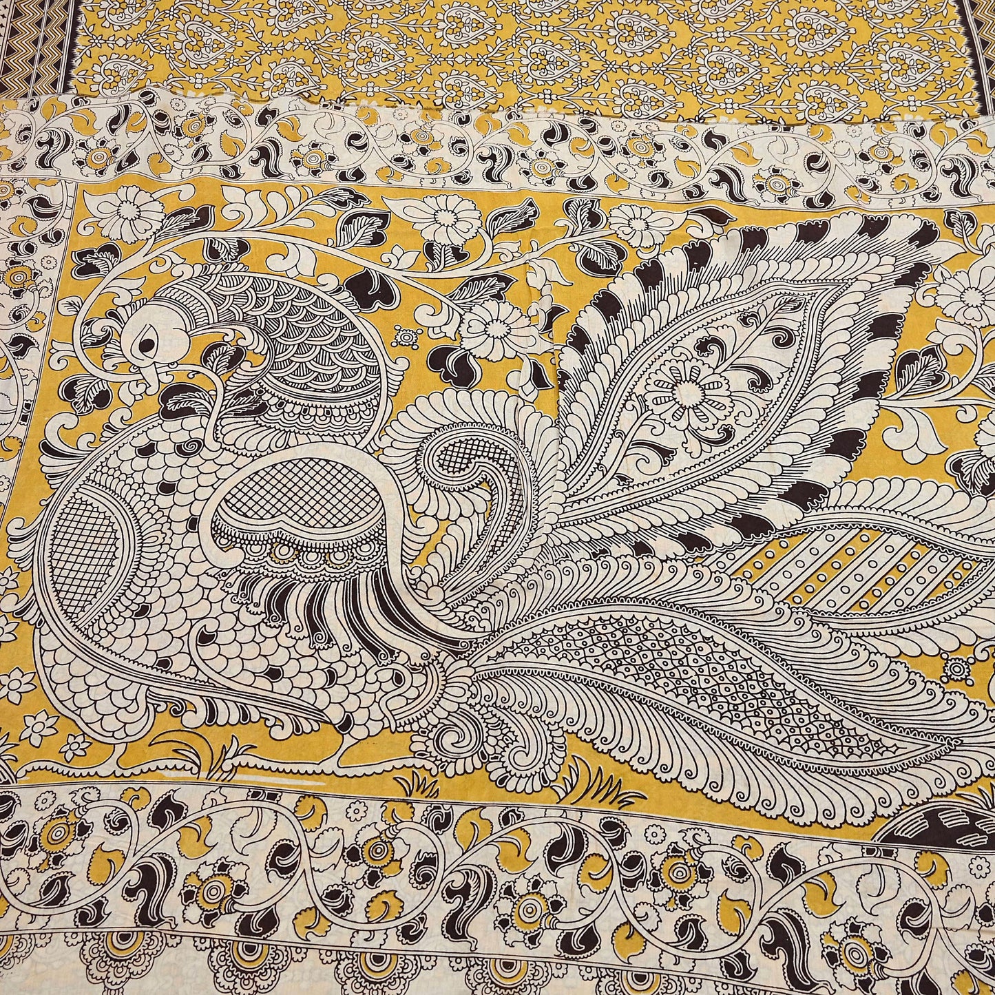 Indian Vintage Sari Mustard Kalamkari Print Sari Pure Cotton Saree Craft Fabric 5Yd Soft Dancing Lady Ethnic Dress Making
