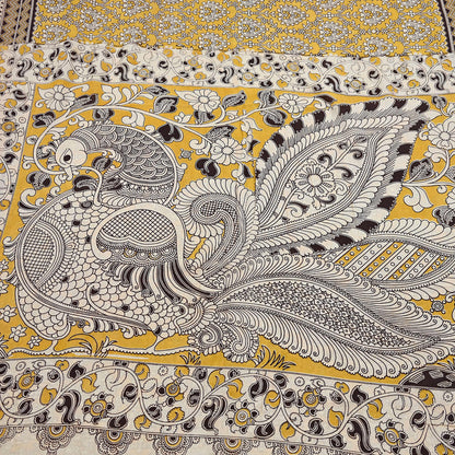 Indian Vintage Sari Mustard Kalamkari Print Sari Pure Cotton Saree Craft Fabric 5Yd Soft Dancing Lady Ethnic Dress Making