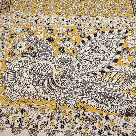 Indian Vintage Sari Mustard Kalamkari Print Sari Pure Cotton Saree Craft Fabric 5Yd Soft Dancing Lady Ethnic Dress Making