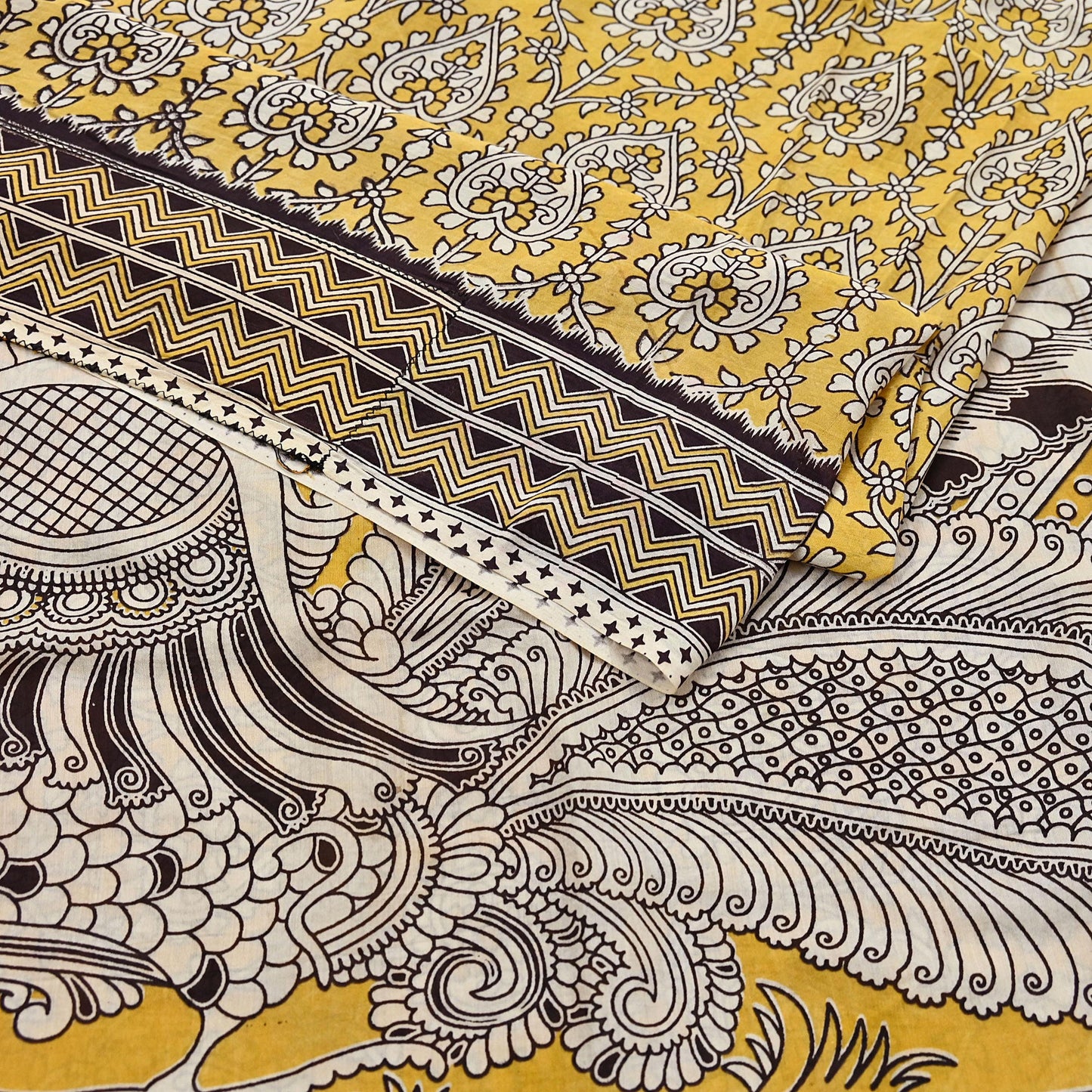 Indian Vintage Sari Mustard Kalamkari Print Sari Pure Cotton Saree Craft Fabric 5Yd Soft Dancing Lady Ethnic Dress Making