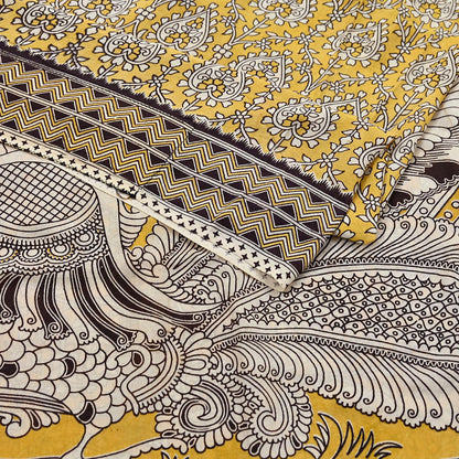 Indian Vintage Sari Mustard Kalamkari Print Sari Pure Cotton Saree Craft Fabric 5Yd Soft Dancing Lady Ethnic Dress Making