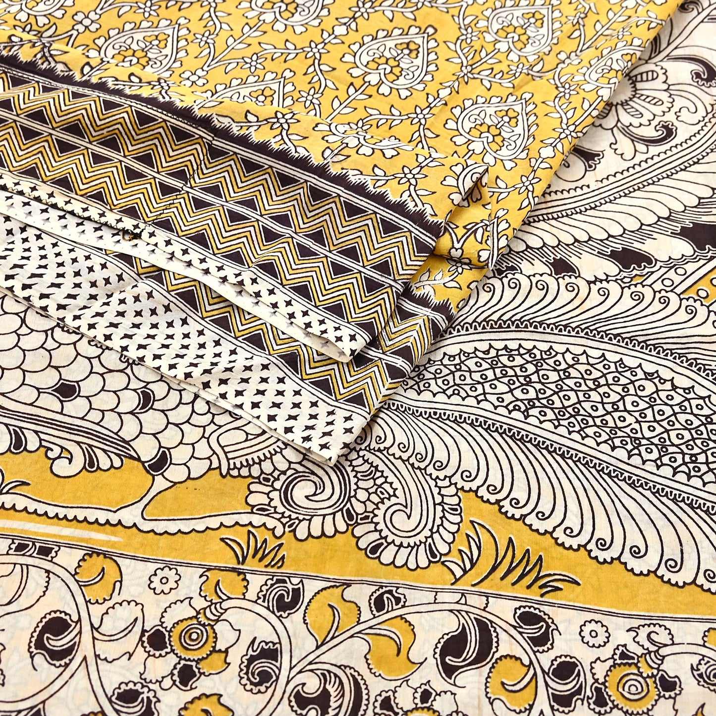 Indian Vintage Sari Mustard Kalamkari Print Sari Pure Cotton Saree Craft Fabric 5Yd Soft Dancing Lady Ethnic Dress Making