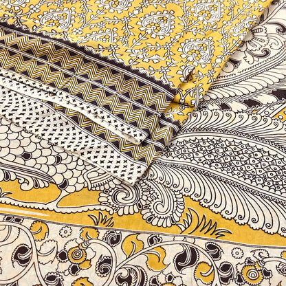 Indian Vintage Sari Mustard Kalamkari Print Sari Pure Cotton Saree Craft Fabric 5Yd Soft Dancing Lady Ethnic Dress Making