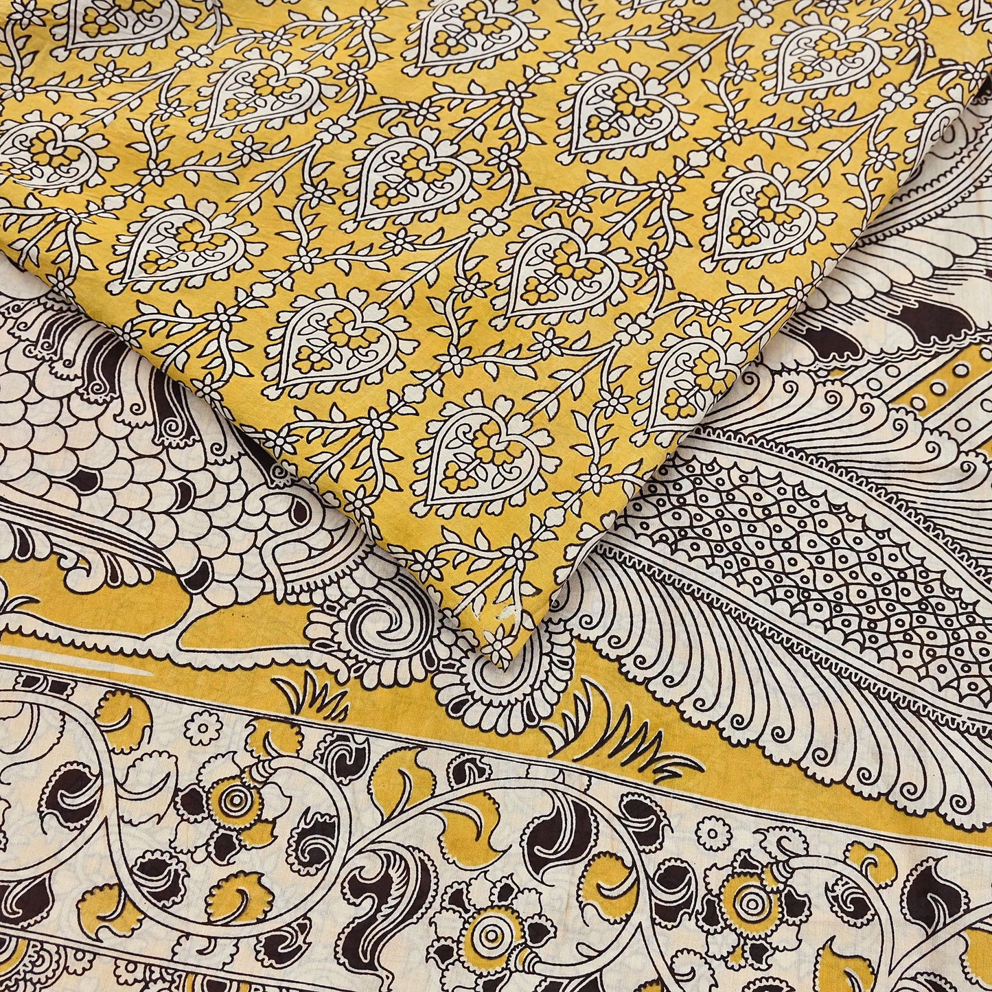 Indian Vintage Sari Mustard Kalamkari Print Sari Pure Cotton Saree Craft Fabric 5Yd Soft Dancing Lady Ethnic Dress Making