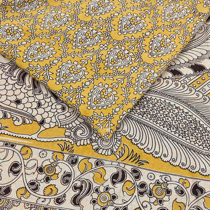 Indian Vintage Sari Mustard Kalamkari Print Sari Pure Cotton Saree Craft Fabric 5Yd Soft Dancing Lady Ethnic Dress Making