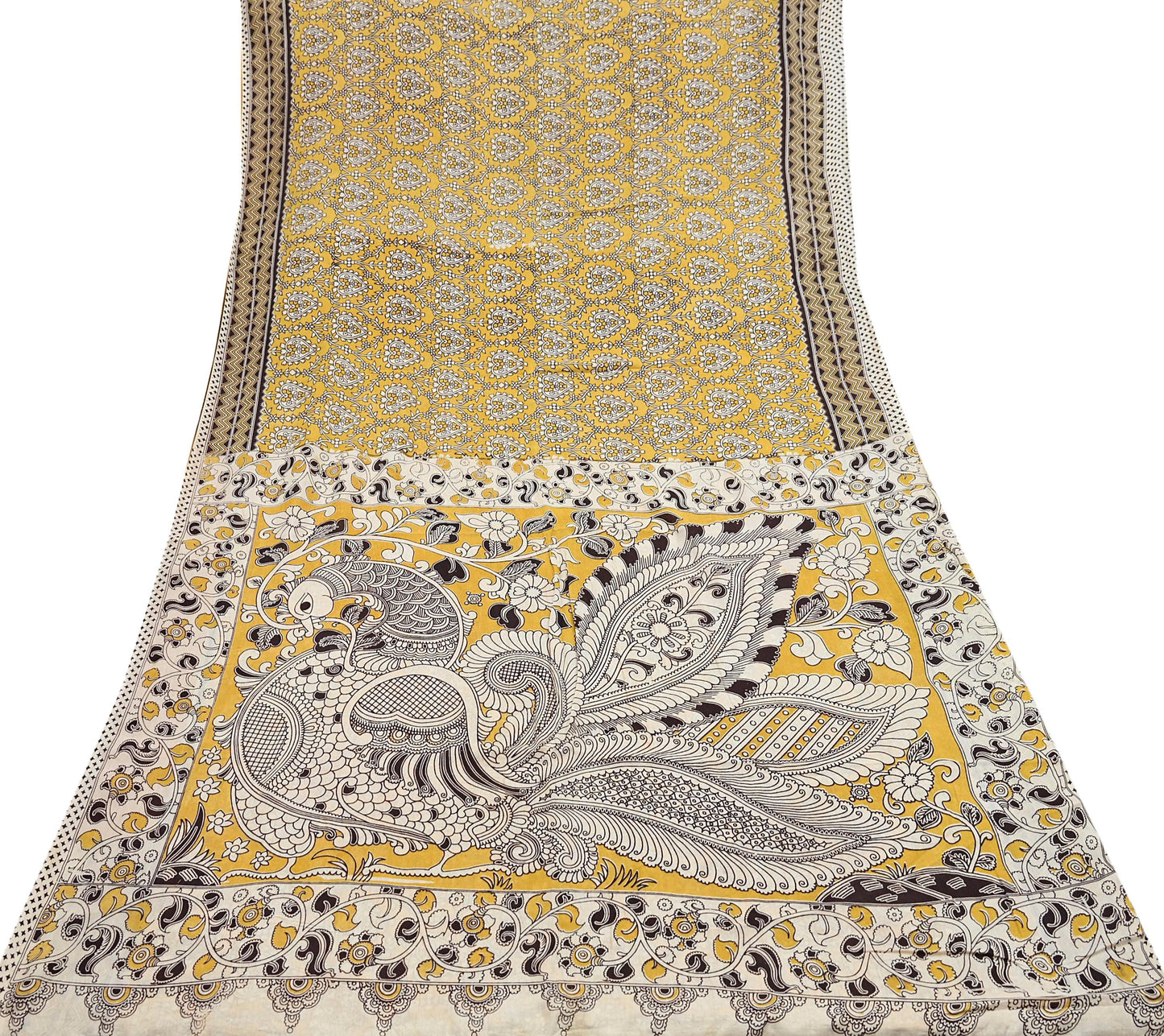 Indian Vintage Sari Mustard Kalamkari Print Sari Pure Cotton Saree Craft Fabric 5Yd Soft Dancing Lady Ethnic Dress Making