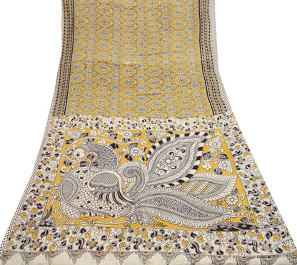 Indian Vintage Sari Mustard Kalamkari Print Sari Pure Cotton Saree Craft Fabric 5Yd Soft Dancing Lady Ethnic Dress Making
