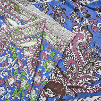 Indian Vintage Sari Blue Kalamkari Print Sari Pure Cotton Saree Craft Fabric 5Yd Soft Dancing Lady Ethnic Dress Making
