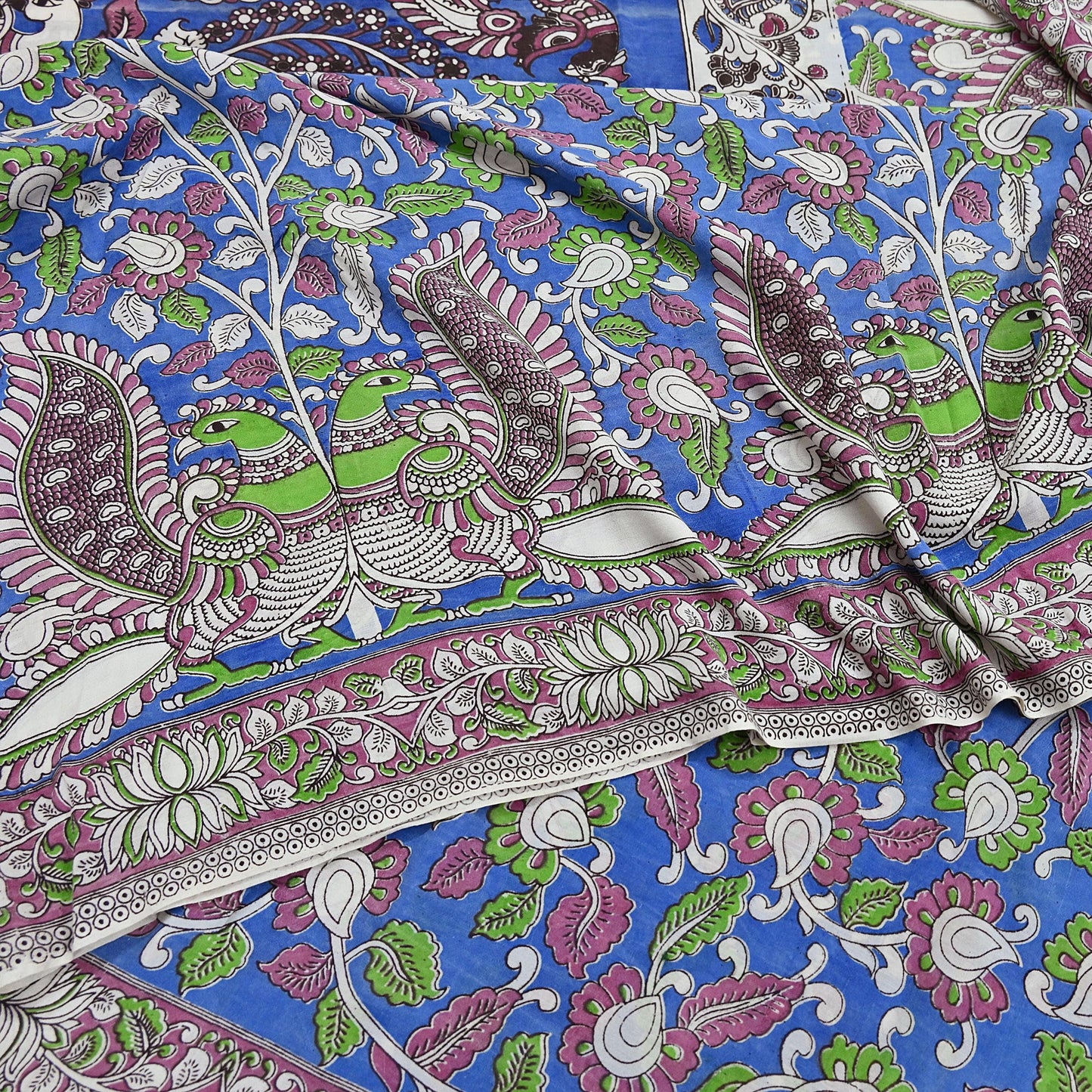 Indian Vintage Sari Blue Kalamkari Print Sari Pure Cotton Saree Craft Fabric 5Yd Soft Dancing Lady Ethnic Dress Making