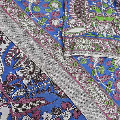 Indian Vintage Sari Blue Kalamkari Print Sari Pure Cotton Saree Craft Fabric 5Yd Soft Dancing Lady Ethnic Dress Making