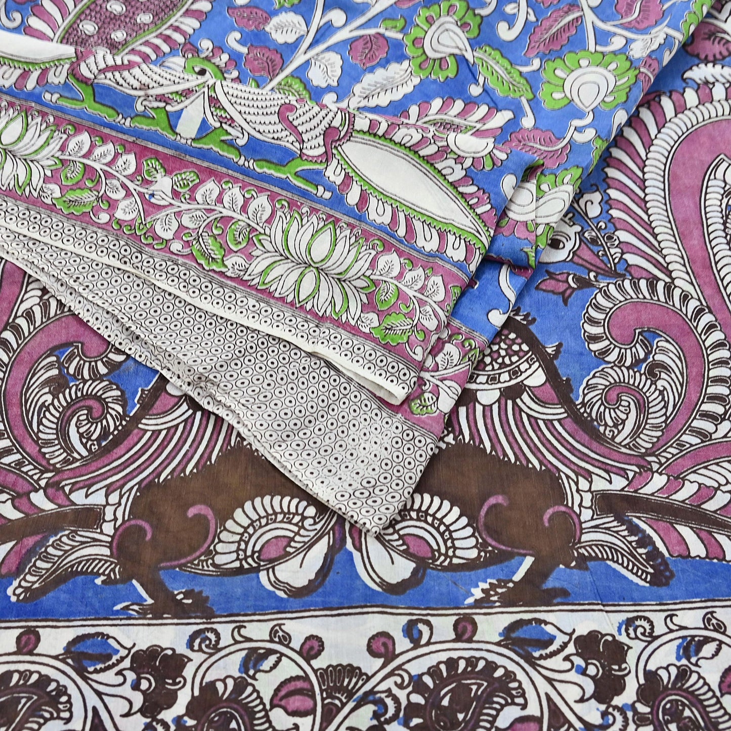 Indian Vintage Sari Blue Kalamkari Print Sari Pure Cotton Saree Craft Fabric 5Yd Soft Dancing Lady Ethnic Dress Making
