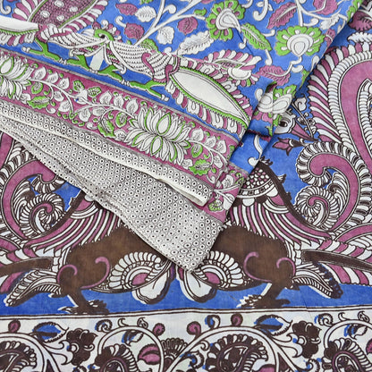 Indian Vintage Sari Blue Kalamkari Print Sari Pure Cotton Saree Craft Fabric 5Yd Soft Dancing Lady Ethnic Dress Making