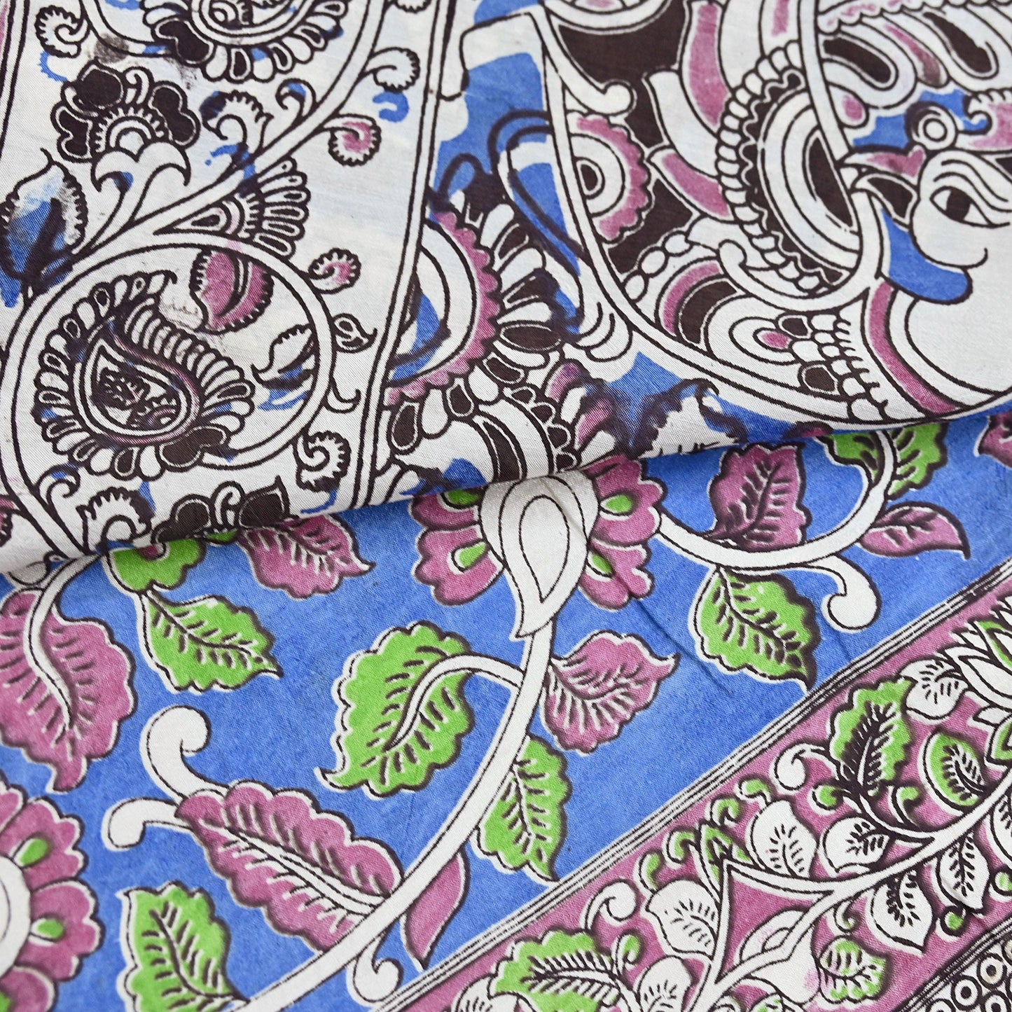 Indian Vintage Sari Blue Kalamkari Print Sari Pure Cotton Saree Craft Fabric 5Yd Soft Dancing Lady Ethnic Dress Making