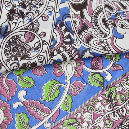 Indian Vintage Sari Blue Kalamkari Print Sari Pure Cotton Saree Craft Fabric 5Yd Soft Dancing Lady Ethnic Dress Making